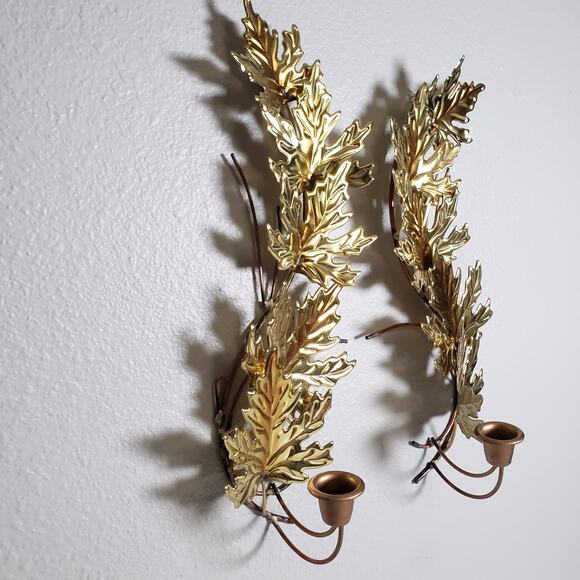 Vintage MCM Gold Metal Candle Holder Wall Scones Leaf Fall Wall Hanging Set Of 2 - Picture 2 of 12
